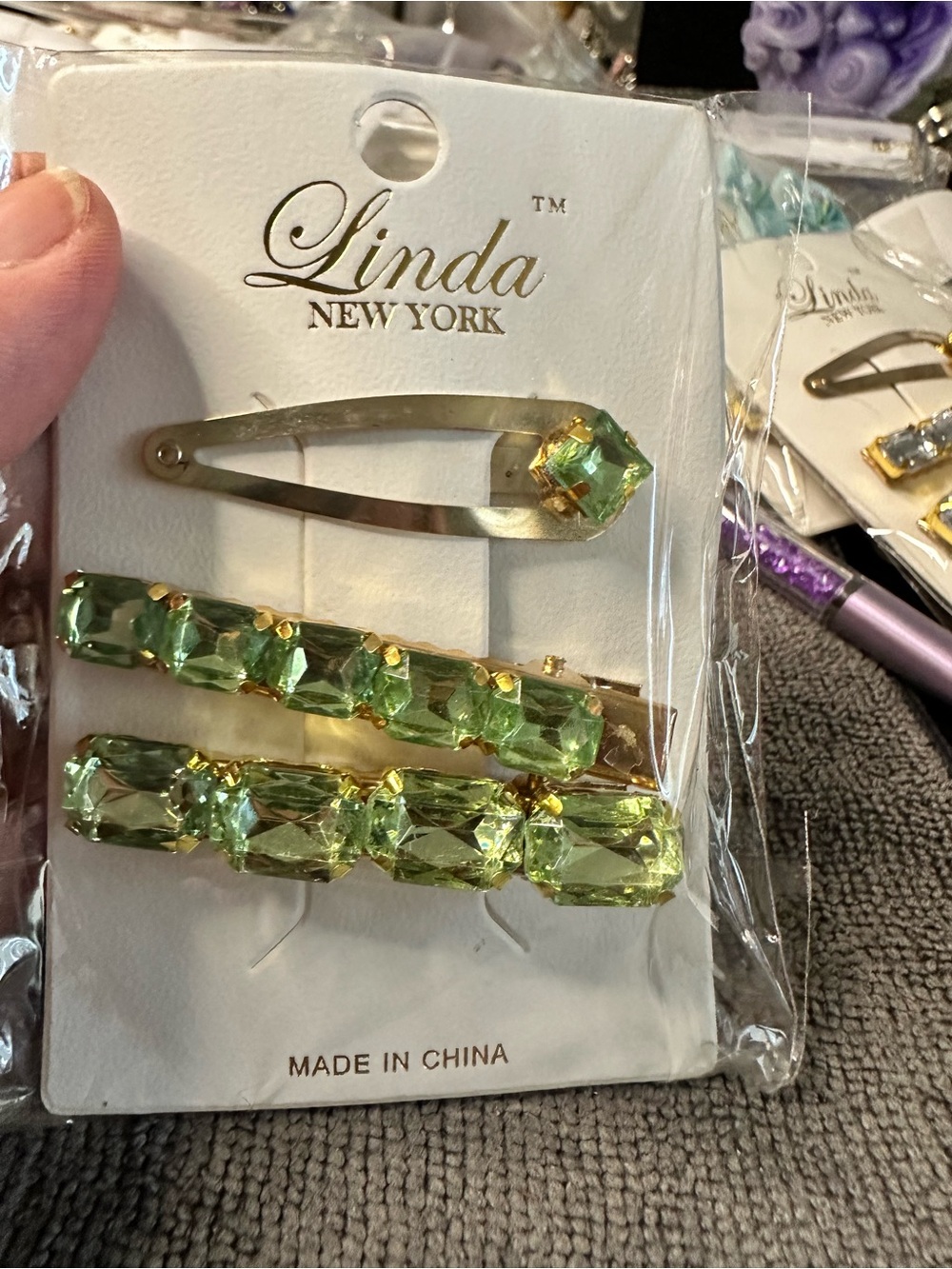 Green Crystal Hair Clip Trio
